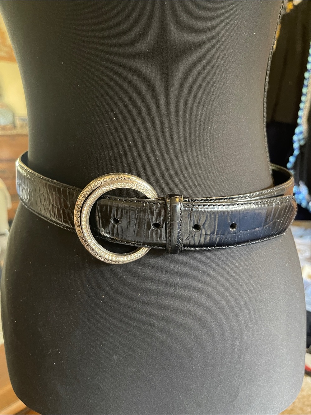 Brighton Black Croc-Embossed Leather Belt with Decorative Silver Round Buckle